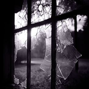 Interior seen through shattered glass
